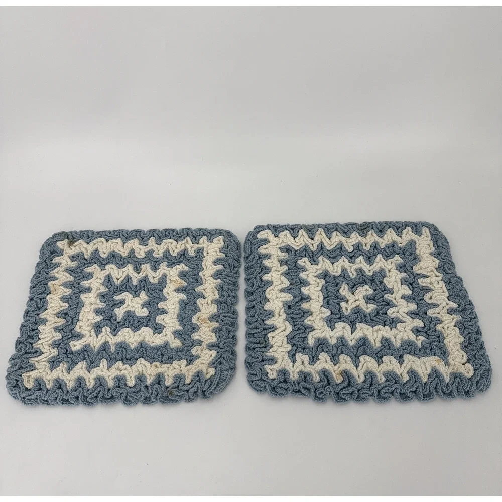 Hand Crafted‎ Hand Crocheted Pair of Hot Pads/Trivets Potholders-Blue And White